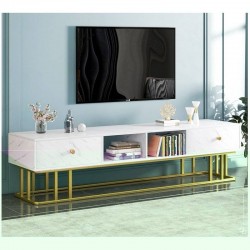Meuble TV luxe 2 tiroirs blanc effet marbre support metallique dore