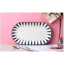 assiette de présentation ovale  en céramique  à motif  feuille bleu 30 CM