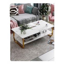 Table basse  2 niveaux  effet marbe  pieds  metallique en U  jaune laiton