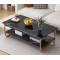 Table basse  2 niveaux  effet marbe  pieds  metallique en U  jaune laiton