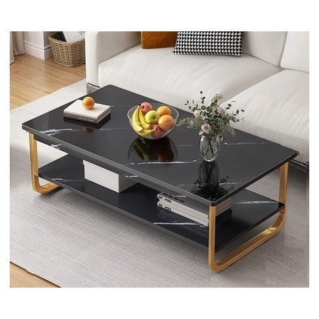 Table basse  2 niveaux  effet marbe  pieds  metallique en U  jaune laiton