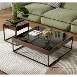 ensemble 2  table basse vitré  carré   noir  CLASSY