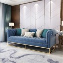 canape style vieux americain pied metallique 3 places en velours bleu