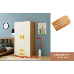 Armoire enfant en bois massif 2 portes 2 tiroirs jaune&blanc 73CM