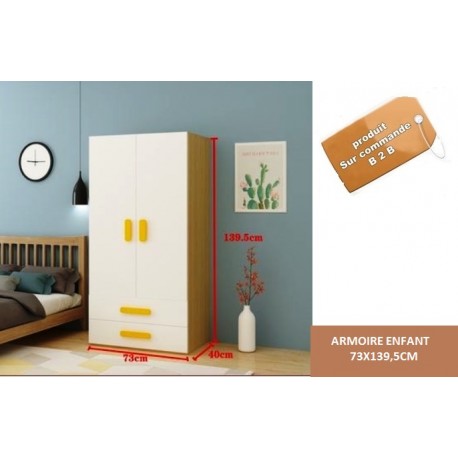 Armoire enfant en bois massif 2 portes 2 tiroirs jaune&blanc 73CM