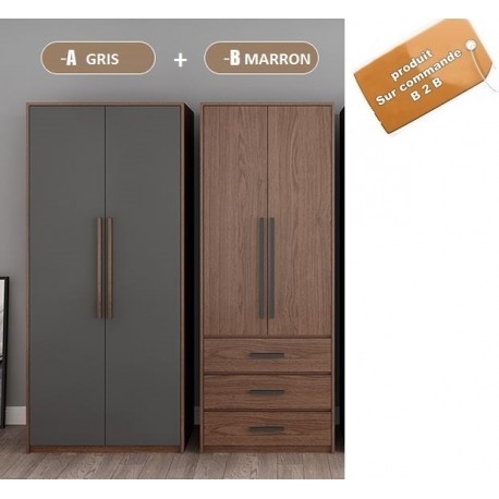 Duo Armoire melamine modulable A 80cm gris 2P + B 60/80cm marron 2P